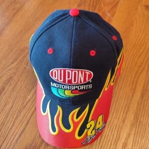 Vintage 90's Jeff Gordon 24 Car Dupont MotorsportsHat Blue Red Flames Retro Dad